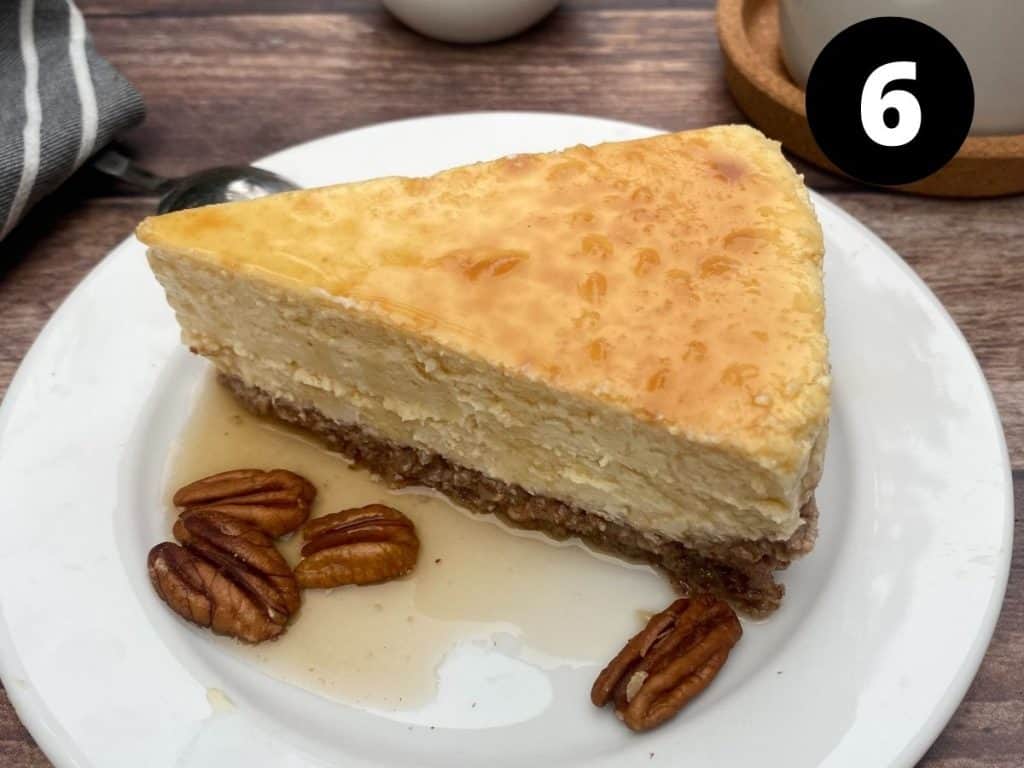 Finished keto maple pecan cheesecake served on a plate